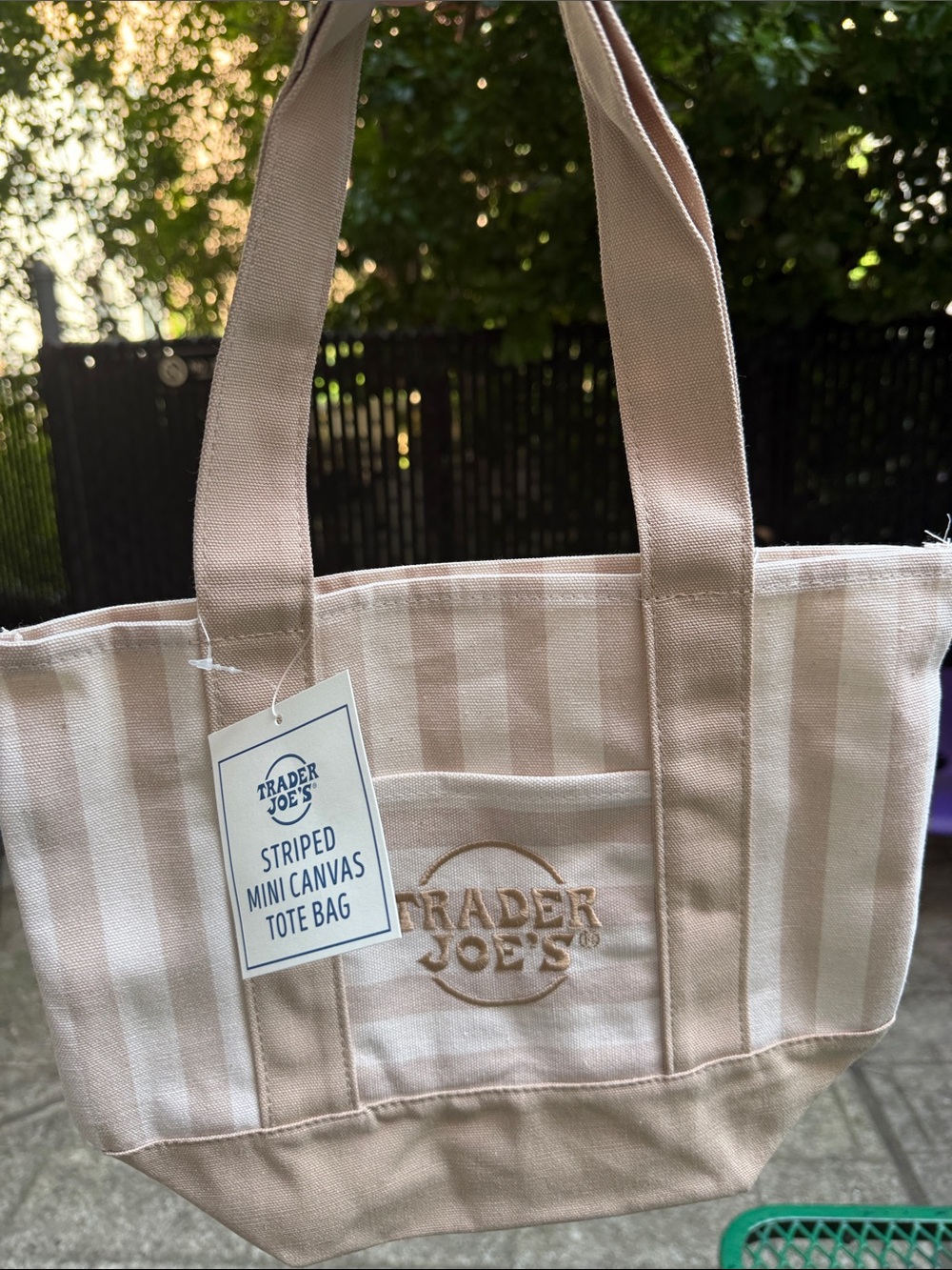 NEW Trader Joe’s Khaki color
Striped Canvas Mini Tote Bag